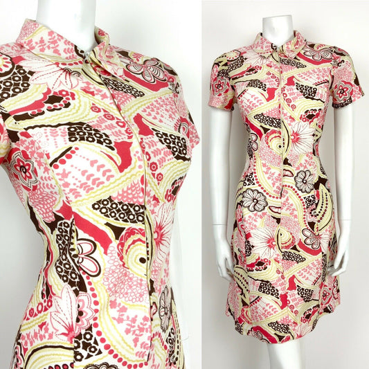 VTG 60s 70s WHITE PINK BROWN YELLOW FLORAL PSYCHEDELIC HIPPY STRETCH DRESS 10 12