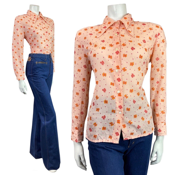 VINTAGE 60s 70s PEACH PINK ORANGE FLORAL SQUARE DAGGER COLLAR SHIRT 14 16