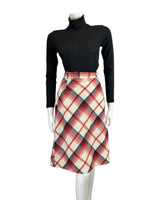 VINTAGE 60s 70s WHITE BLUE RED PLAID CHECKED WOOL KNEE-LENGTH SKIRT 8