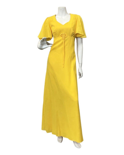 VINTAGE 60s 70s SUNSHINE YELLOW SHEER MOD MAXI DRESS 12