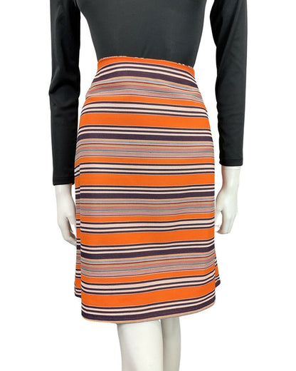 VINTAGE 60s 70s ORANGE BLACK WHITE BLUE STRIPED MOD SHORT SKIRT 14