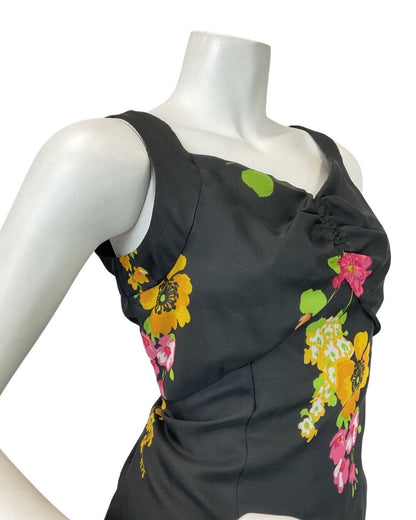 VINTAGE 70s BLACK PINK GREEN FLORAL POPPY SWEETHEART SLEEVELESS MAXI DRESS 10 12