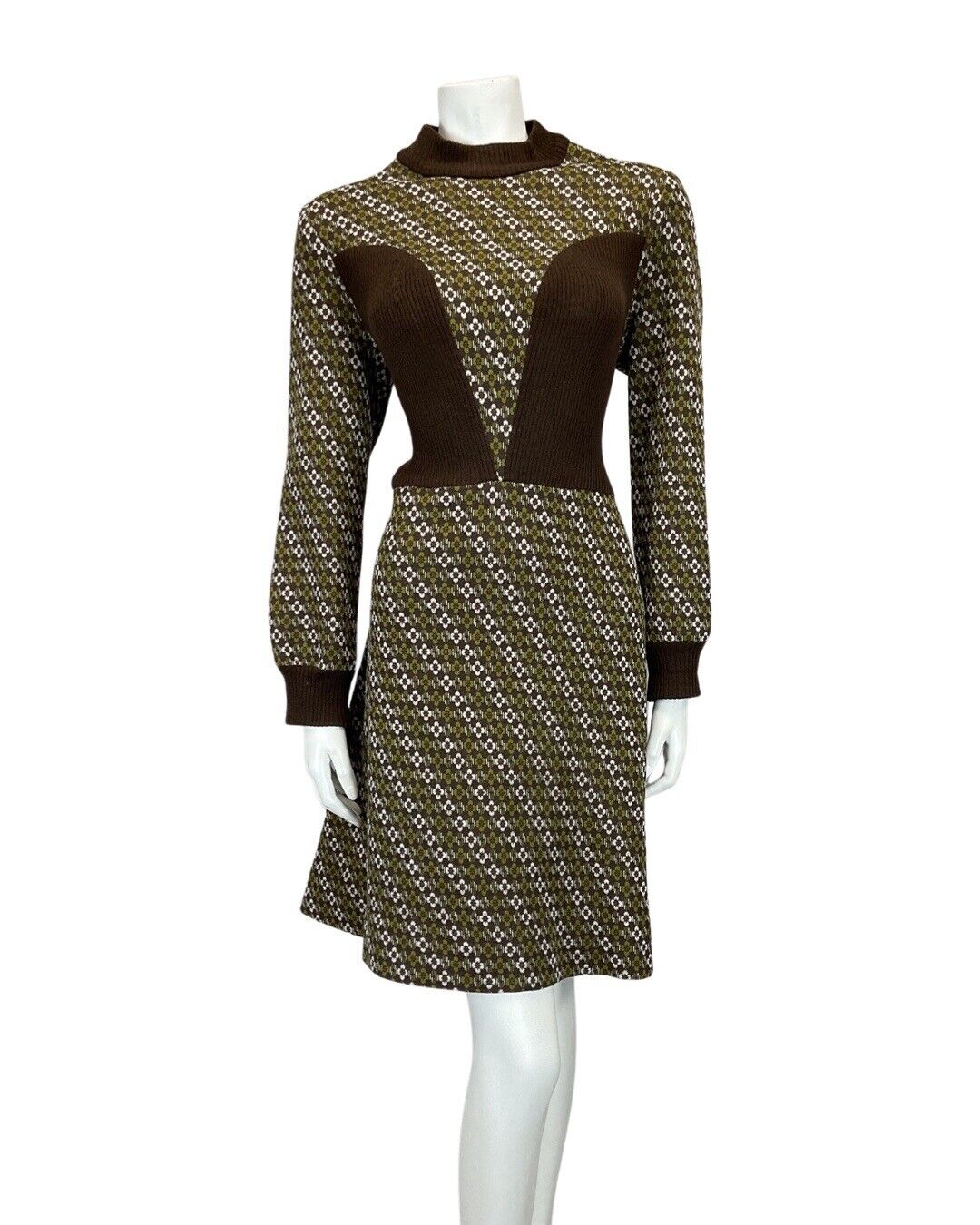 VINTAGE 60s 70s BROWN GREEN DAISY FLOWER STRIPED KNITTED LONGSLEEVE DRESS 14 16