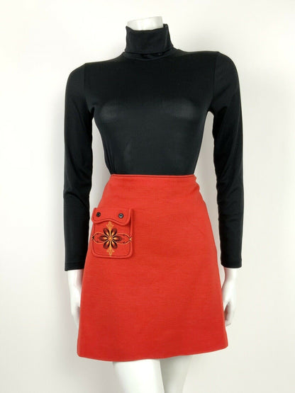 VTG 60s 70s FOLK ORANGE RED YELLOW BLACK EMBROIDERED FLORAL A-LINE SKIRT 8