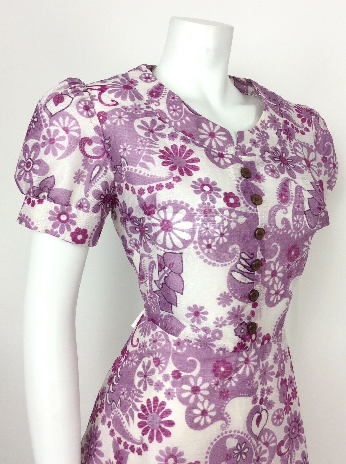 VINTAGE 60s 70s FLORAL PAISLEY PURPLE WHITE LILAC SHEER SUMMER DRESS 12 14