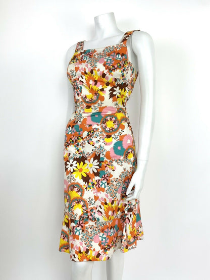 VTG 60s 70s WHITE PINK YELLOW ORANGE BLUE FLORAL PINWHEEL SUMMER APRON DRESS 4