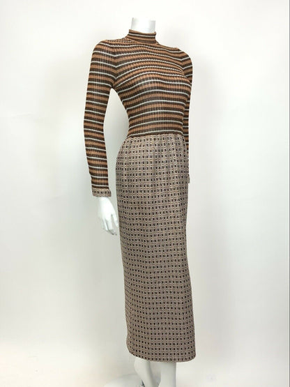 VINTAGE 60s 70s BROWN BRONZE SILVER GEOMETRIC TURTLENECK LUREX MAXI DRESS 6 8