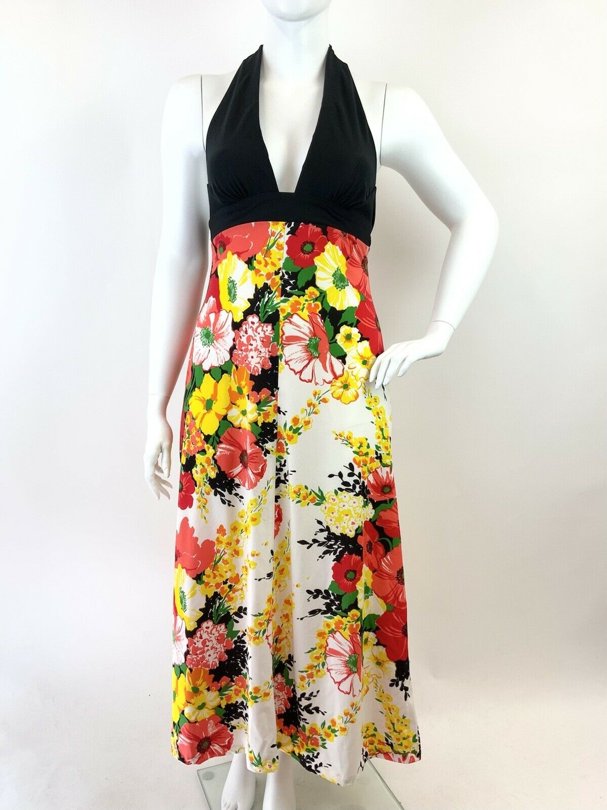 VINTAGE 60s 70s BLACK WHITE YELLOW RED FLORAL PLUNGING HALTER MAXI DRESS 14