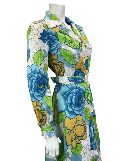 VINTAGE 60S 70S WHITE BLUE GREEN YELLOW FLORAL PRINT BOHO MOD MINI DRESS 10 12