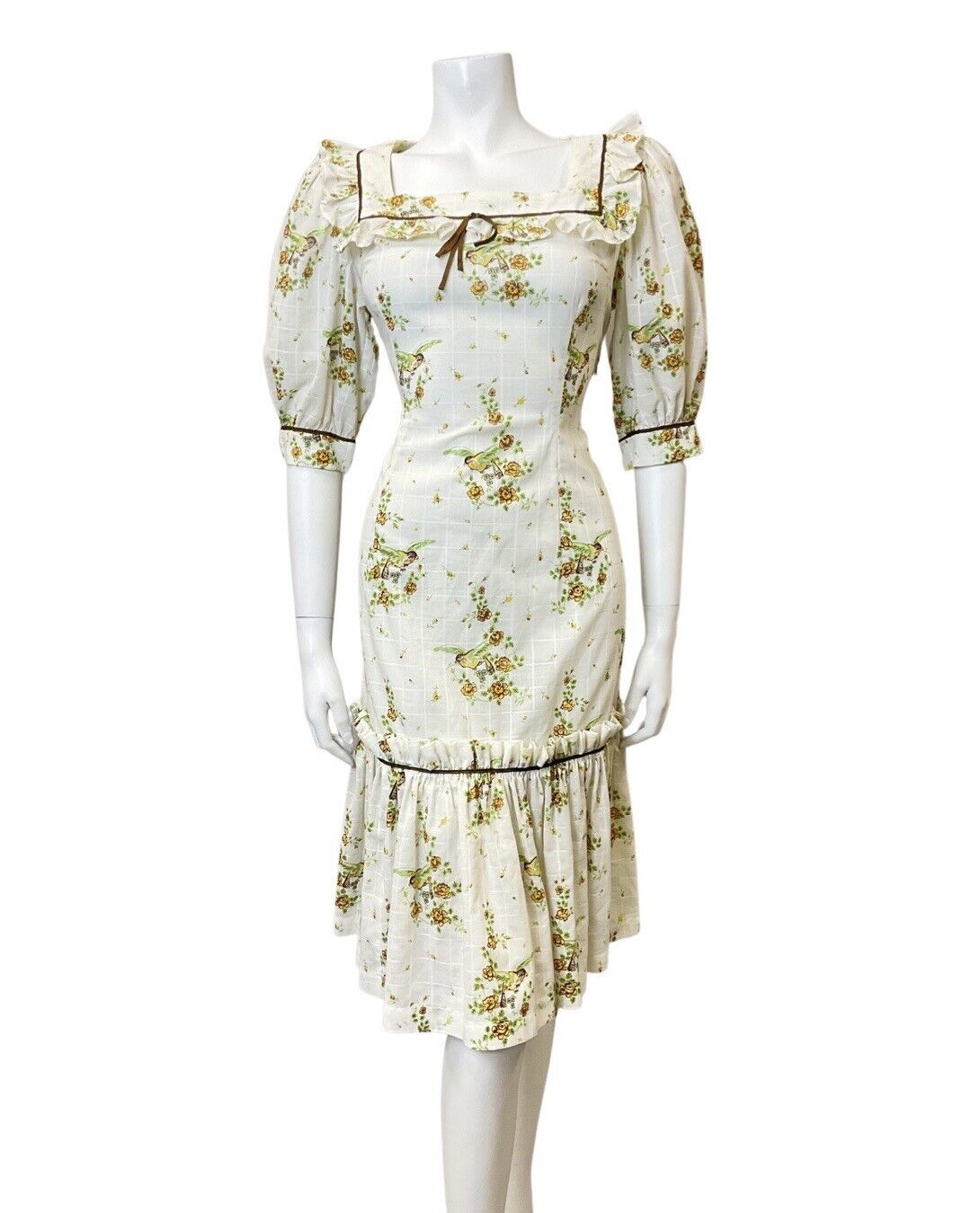 VINTAGE 70s WHITE YELLOW BROWN FLORAL BIRD PRAIRIE FOLK RUFFLE MIDI DRESS 10