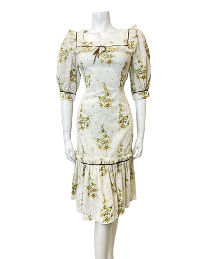 VINTAGE 70s WHITE YELLOW BROWN FLORAL BIRD PRAIRIE FOLK RUFFLE MIDI DRESS 10