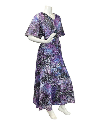 VINTAGE 60s 70s PURPLE BLUE BLACK PSYCHEDELIC FLORAL SHEER MAXI DRESS 18 20