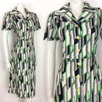 VINTAGE 70s SHIRT DRESS ABSTRACT GEOMETRIC GREEN BLACK WHITE 12 14