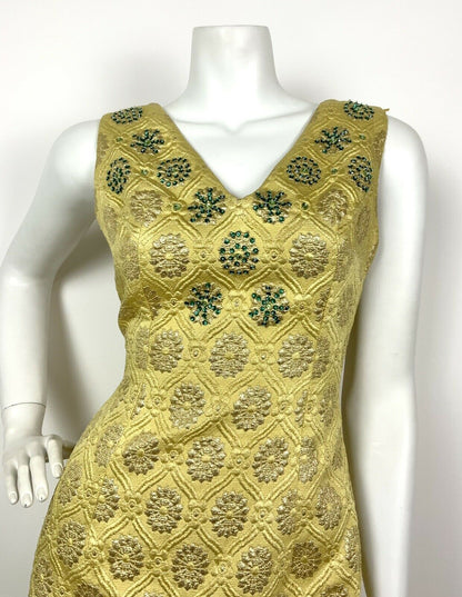 VINTAGE 60s 70s YELLOW GOLD GREEN FLORAL QUILTED STAR BEADED MAXI DRESS 8 10