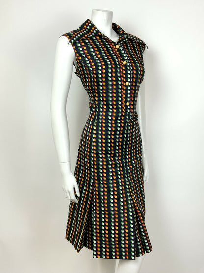 VTG 60s 70s BLACK GREEN RED WHITE YELLOW GEOMETRIC WING COLLAR SHIRT DRESS 14 16