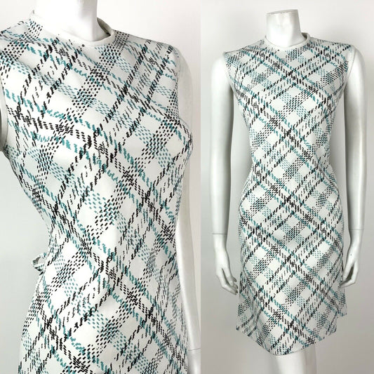 VINTAGE 60s 70s WHITE BLUE BLACK PLAID CHECKED MOD SLEEVELESS SHIFT DRESS 10 12