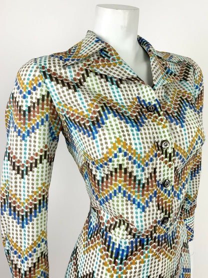 VTG 60s 70s WHITE BROWN BLUE YELLOW CHEVRON GEOMETRIC PLEATED SHIRT DRESS 12 14