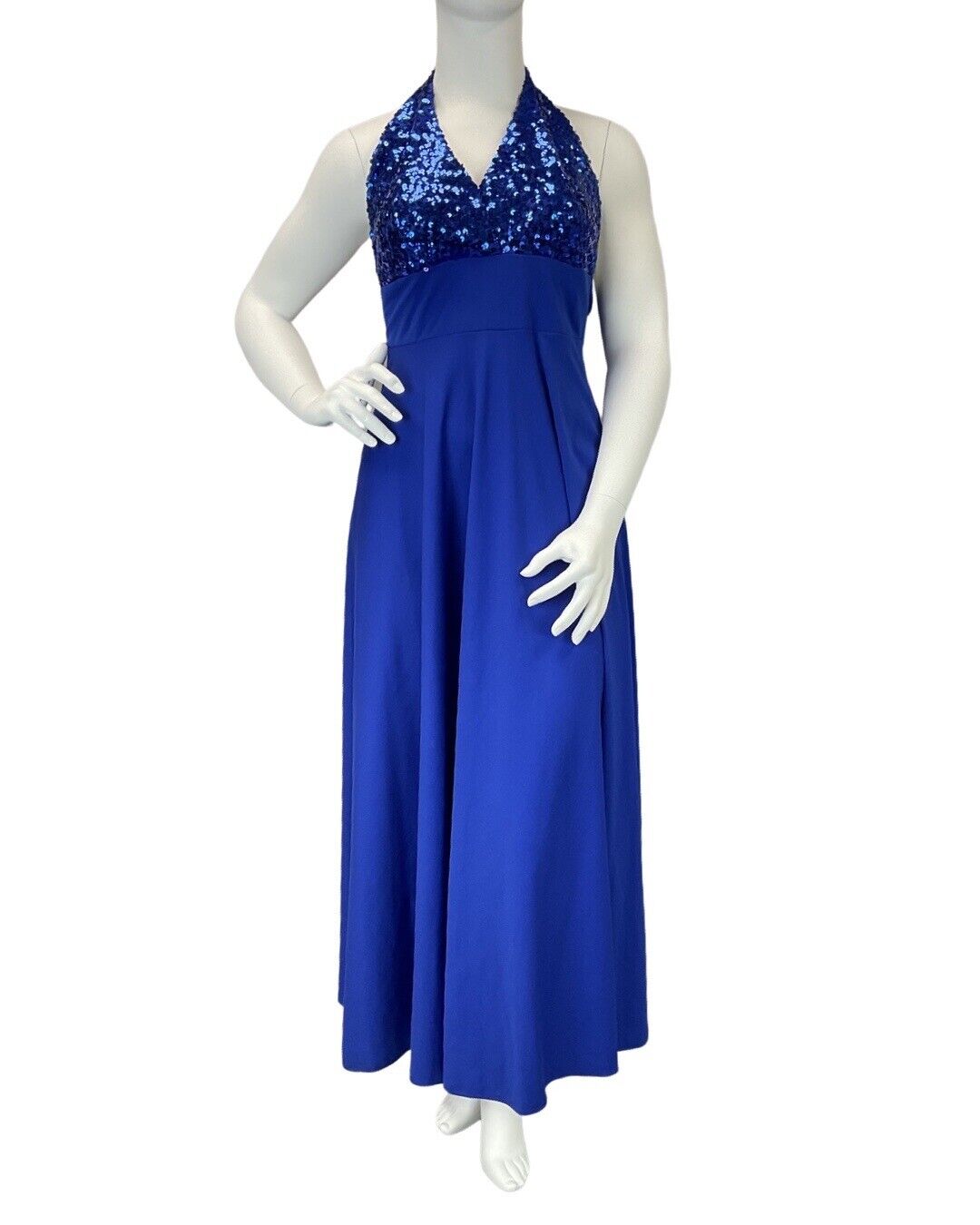 VINTAGE 60s 70s ROYAL BLUE SEQUIN HALTER DISCO STUDIO 54 MAXI DRESS 10 12