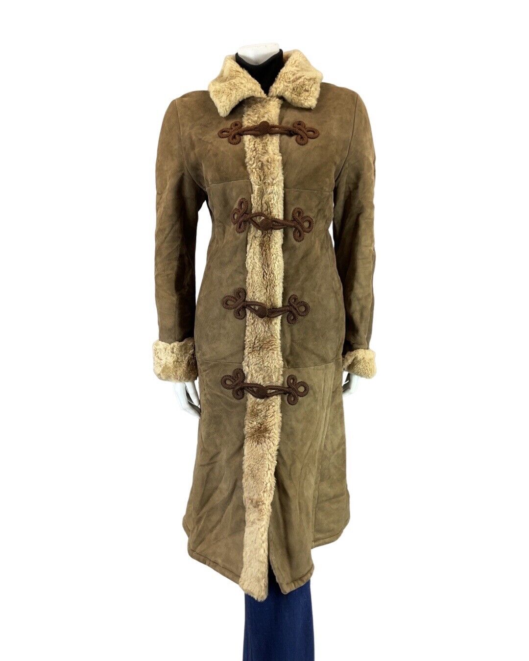 VINTAGE 60s 70s BROWN BROCADE SUEDE ZHIVAGO SHEARLING LONG COAT 12 14