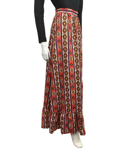 VINTAGE 70s RED BLUE WHITE STRIPED FLORAL BOHO FOLK RUFFLED MAXI SKIRT 8 10