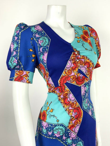 VTG 60s 70s BLUE TEAL LILAC RED ORANGE GYPSY FOLK FLORAL PSYCH  MAXI DRESS 12