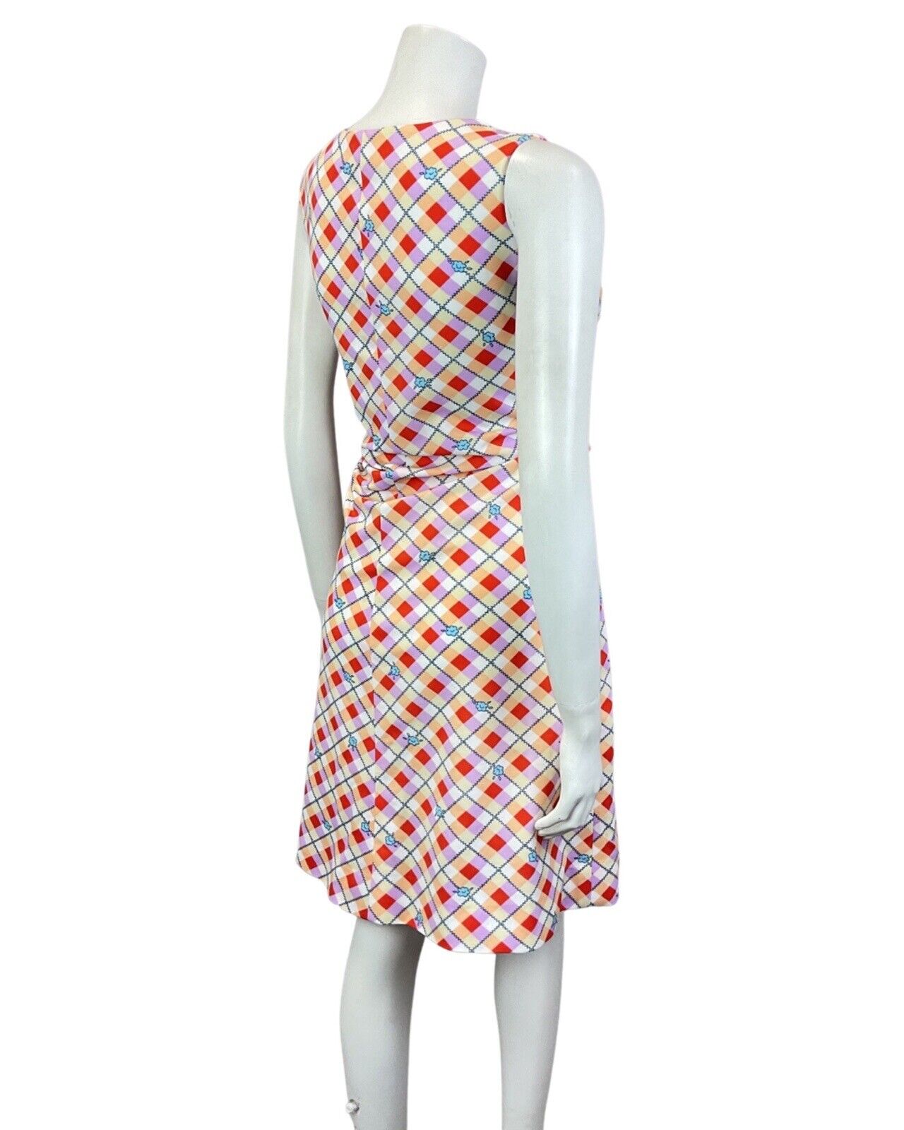 VINTAGE 60s 70s CREAM RED LILAC CHECKED FLORAL GEOMETRIC PIXEL MIDI DRESS 12 14