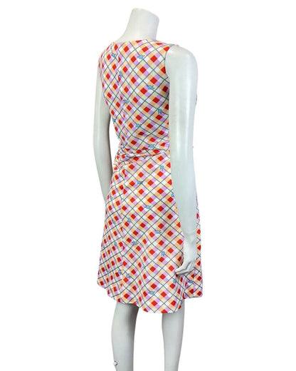 VINTAGE 60s 70s CREAM RED LILAC CHECKED FLORAL GEOMETRIC PIXEL MIDI DRESS 12 14