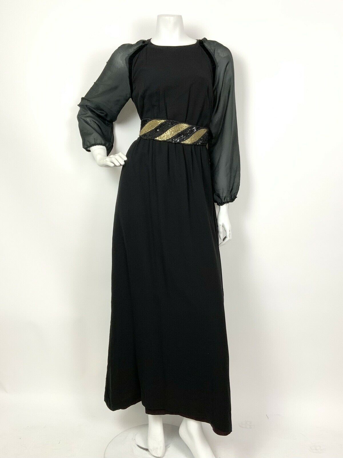 VINTAGE 60s 70s BLACK SHEER PUFF SLEEVE PARTY MAXI DRESS 8 10