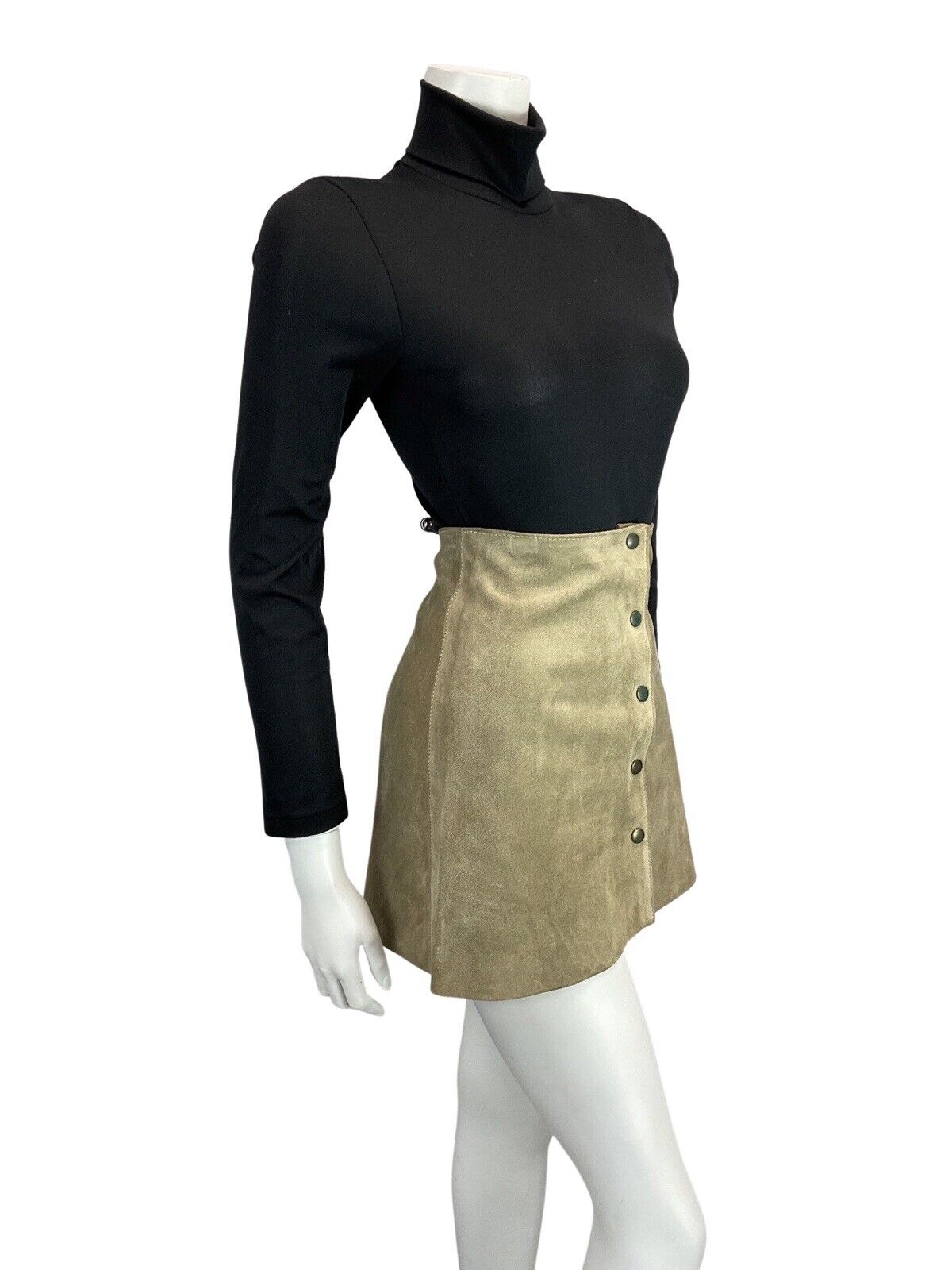 VINTAGE 60s 70s LIGHT GREY TAN SUEDE BUTTON DOWN BOHO MOD GOGO MINI SKIRT 6