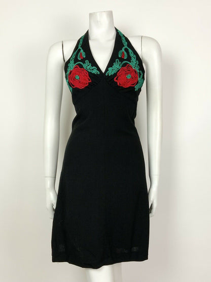 VINTAGE 60s 70s BLACK METALLIC RED GREEN FLORAL ROSE EMBROIDERY HALTER DRESS 6 8