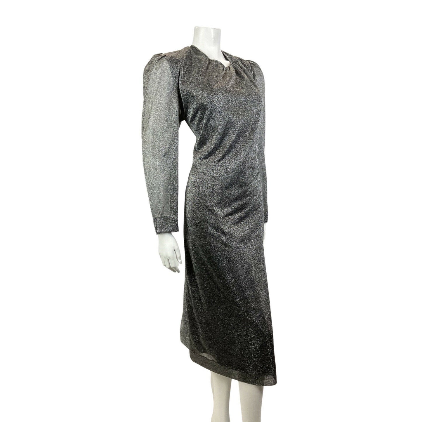 VINTAGE 60s 70s SILVER GLITTER LUREX STUDIO 54 GLAM DISCO PARTY MIDI DRESS 12