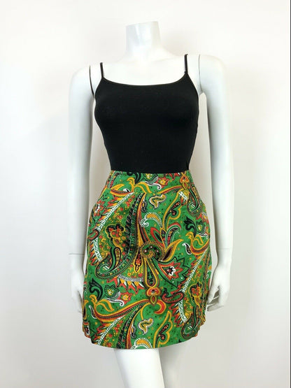 VINTAGE 60s 70s GREEN RED BLACK PSYCHEDELIC FLORAL PAISLEY MOD MINI SKIRT 8