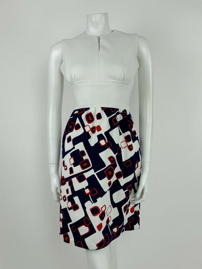 VINTAGE 60s 70s WHITE BLUE RED GEOMETRIC SQUARE MOD SLEEVELESS DRESS 8 10