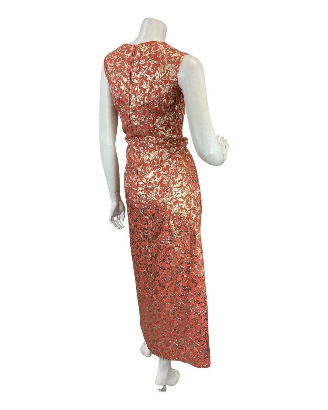 VINTAGE 60s 70s ORANGE GOLD FLORAL SWIRLING BROCADE MOD SLEEVELESS MAXI DRESS 12