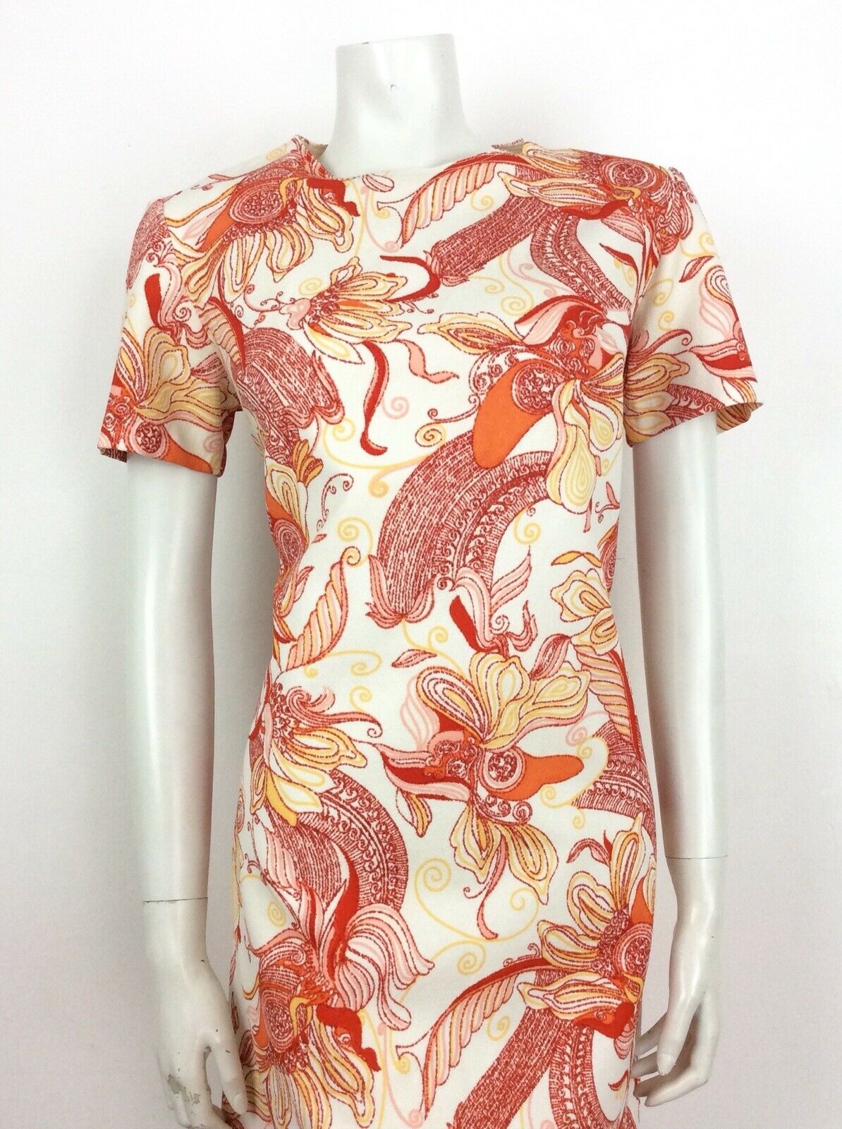 60S 70S VINTAGE ORANGE CREAM PSYCHEDELIC FLORAL SHIFT DRESS 14