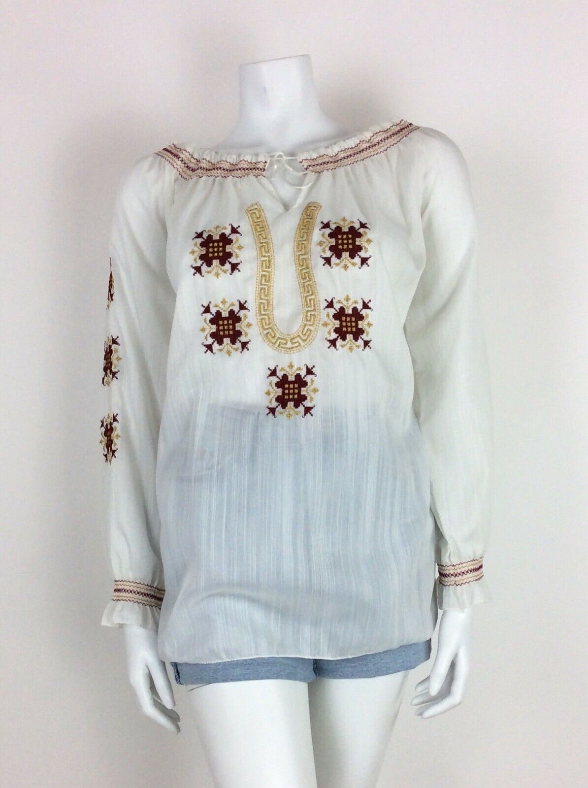 VTG 70s ETHNIC WHITE PEASANT BLOUSE RED GOLD EMBROIDERED MEANDROS GRECIAN 12 14