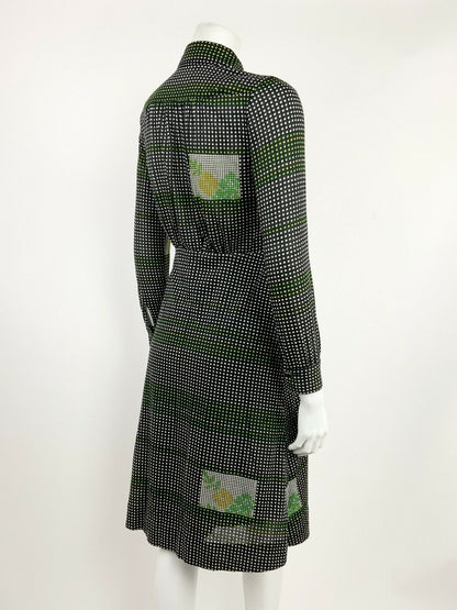 VINTAGE 60s 70s BLACK WHITE GREEN YELLOW GEOMETRIC DOTTY SHIRT DRESS 8 10