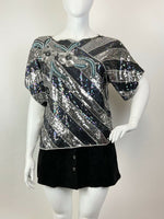 VTG 70s 80s BLACK SILVER BLUE STRIPED FLORAL SEQUIN DISCO GLAM BLOUSE TOP 18 20