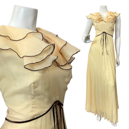 VINTAGE 60s 70s PALE YELLOW BROWN RUFFLED PLEATED ELEGANT GOWN MAXI DRESS 10 12