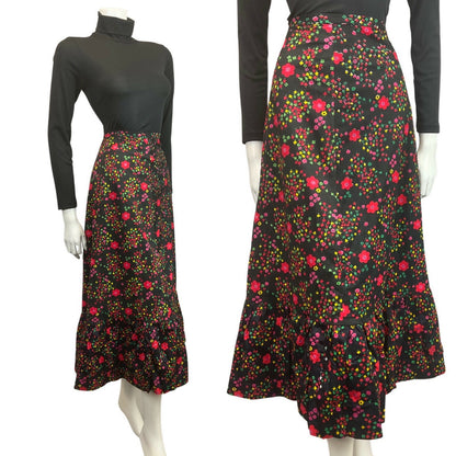 VINTAGE 60s 70s BLACK RED PINK GREEN FLORAL DAISY MOD BOHO MAXI SKIRT 8