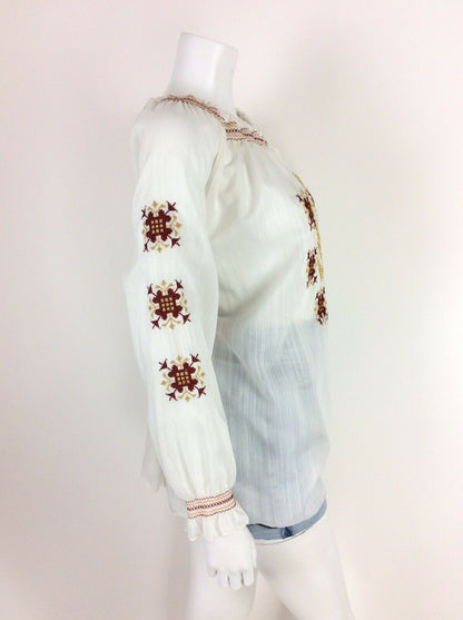 VTG 70s ETHNIC WHITE PEASANT BLOUSE RED GOLD EMBROIDERED MEANDROS GRECIAN 12 14