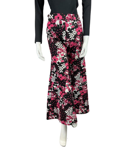 VINTAGE 60s 70s BLACK PINK PSYCHEDELIC FLORAL MOD CULOTTE FLARES 10 12