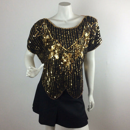 VINTAGE 1970’S BUTTERFLY TOP,BLACK, GOLD SEQUINS, BEADS, DISCO EVENING 8 10