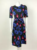 VTG 60s 70s BLACK PINK RED BLUE SILVER FLORAL TULIP ROSE LUREX PARTY DRESS 8 10