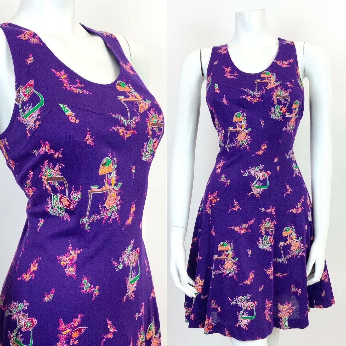 VINTAGE 60s 70s PURPLE ORANGE GREEN FLORAL SLEEVELESS SWING MINI DRESS 10 12