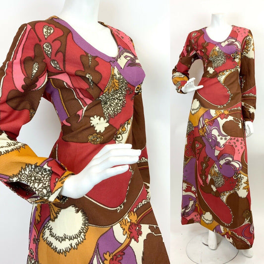 VINTAGE 60s 70s BROWN RED PINK PSYCHEDELIC SWIRL FLORAL MOD MAXI DRESS 10 12