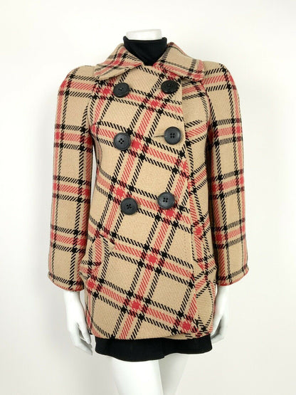 VINTAGE 60s 70s BEIGE BLACK RED PLAID CHECKERED SWING COAT 8 10