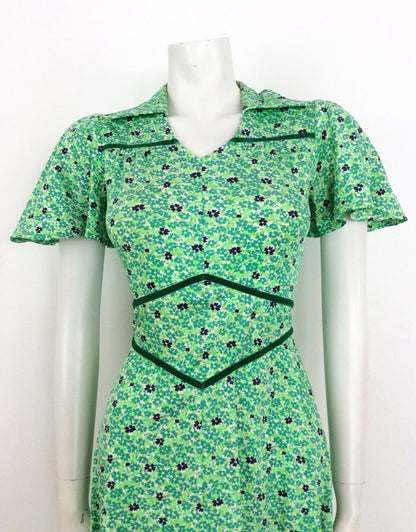 VINTAGE 60s 70s DITSY FLORAL DRESS FLUTTER SLEEVE GREEN BLUE WHITE 8 10