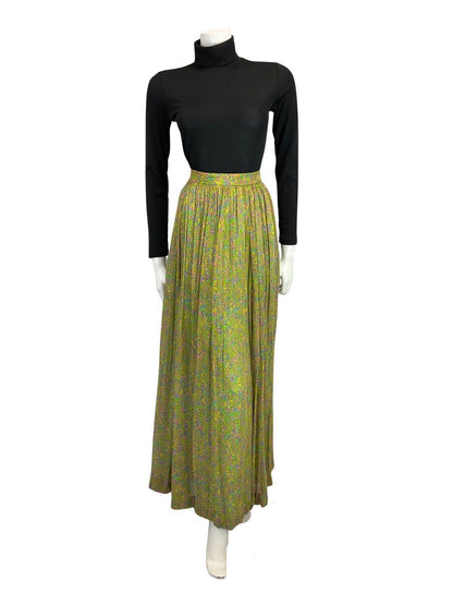 VINTAGE 60s 70s GREEN PINK BLUE YELLOW FLORAL FLOATY BOHO FOLK MAXI SKIRT 4