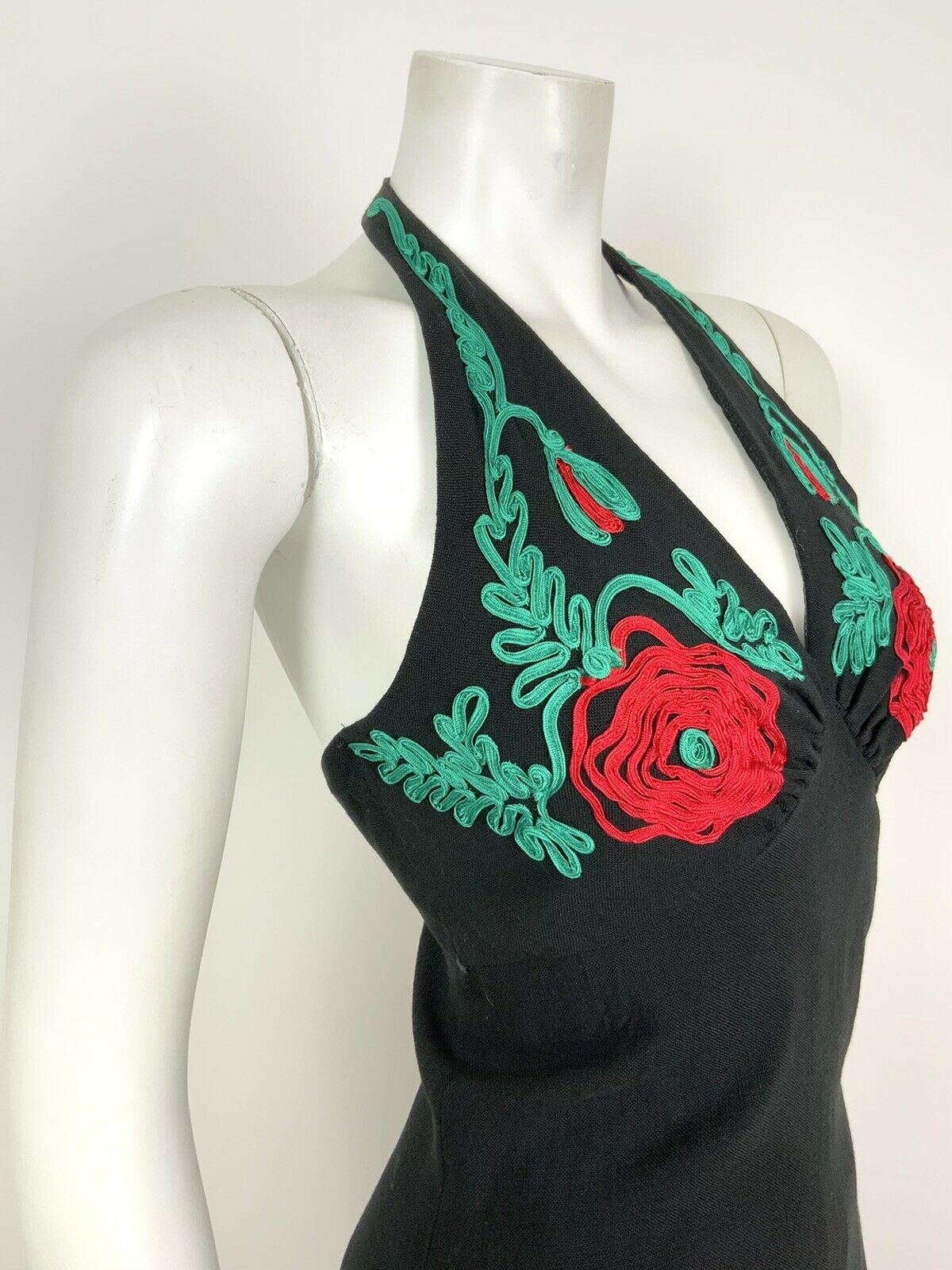 VINTAGE 60s 70s BLACK METALLIC RED GREEN FLORAL ROSE EMBROIDERY HALTER DRESS 6 8